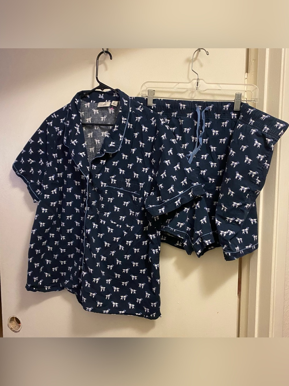 Vtg LL Bean Womens 2XL Pajamas Set Navy Blue Plaid Dogs Retriever Shirt Shorts